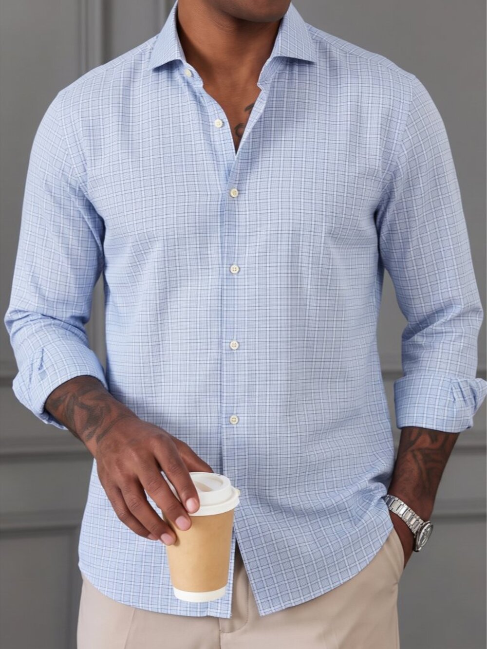 Hugo Boss Slim Fit Dress Shirt Blue Windowpane Check Size 17 / 43 XL
